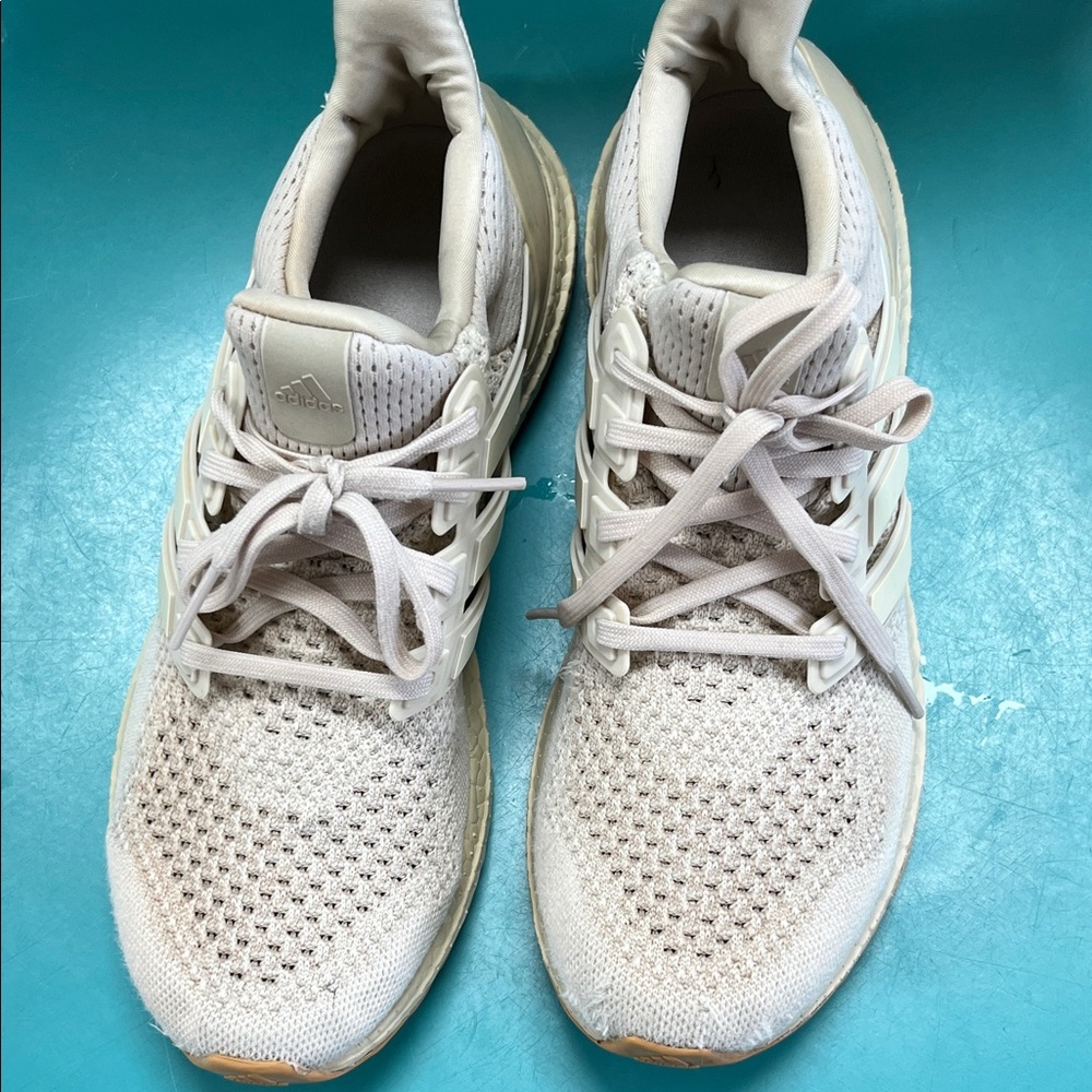 adidas ultra boost Women's Knit Running Sneakers in Light Tan/Off-White